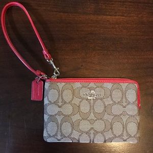 Coach Khaki & Red Jacquard Saddle Wristlet Wallet